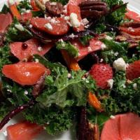 Strawberry Kale · Organic Kale, pickled strawberries, pickled watermelon radishes, toasted pecans, roasted bab...