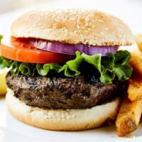 Broiled Deluxe Burger · 1/2 lb Creekstone farms’ Black Angus all natural ground beef on Brioche bun, served with Fre...