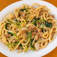 Yaki Udon · Stir fried udon noodles with chicken, onion, and spinach.