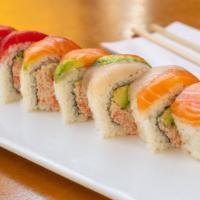Rainbow Roll · Crab meat, avocado, tuna salmon and hamachi.