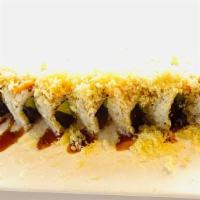 Fuji Mountain Roll · Inside: Avocado, tuna, shrimp tempura.
Outside: Crunches
Sauce: Unagi sauce