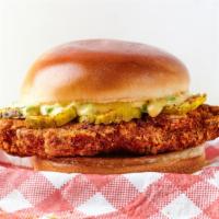 The Spicy Chick · Spicy fried chicken, bread & butter pickles & jalapeño honey mustard