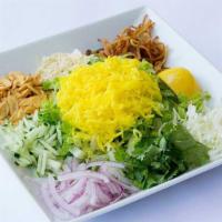 Mango Salad · Shredded fresh green mangoes served with fried onions, fried garlic, cabbage, red onions, ye...