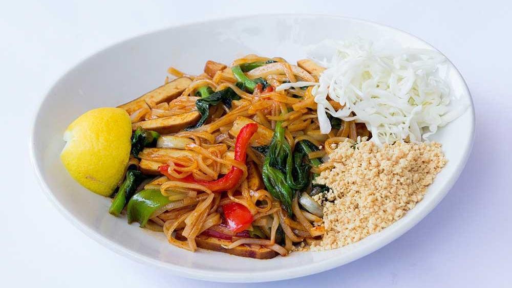 Burmese Pad Thai · Spicy Dish. Available with Mild, Medium, Hot or Very Hot. Rice noodles tossed with red bell peppers, onions, pea leaves, cabbage, bean sprouts, peanuts, and scrambled egg. Served with Tofu, Chicken or Shrimp. Substitute chicken for an additional price, add shrimp for an additional price.
