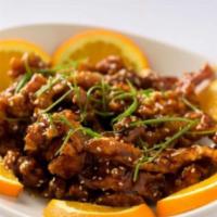 Sesame Beef   (Lunch) · Choice Harris Ranch Beef fried in a sweet and tangy sauce; topped with a sprinkle of sesame ...
