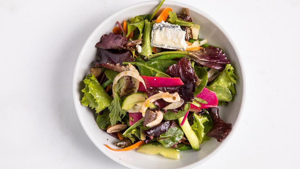 Garden Salad · Organic baby lettuce mix with shaved carrots, cucumber, watermelon radish, strawberries, oranges, and goat cheese. Served with a Cabernet vinaigrette.