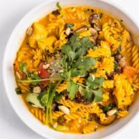 Vegan Noodles · Gluten-free corn fusilli, tofu, mushrooms, bell peppers, bok choy, squash, and peanuts in an...