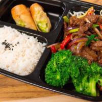 Mongolian Beef Combo · with White Rice and Vegetarian Spring Roll
