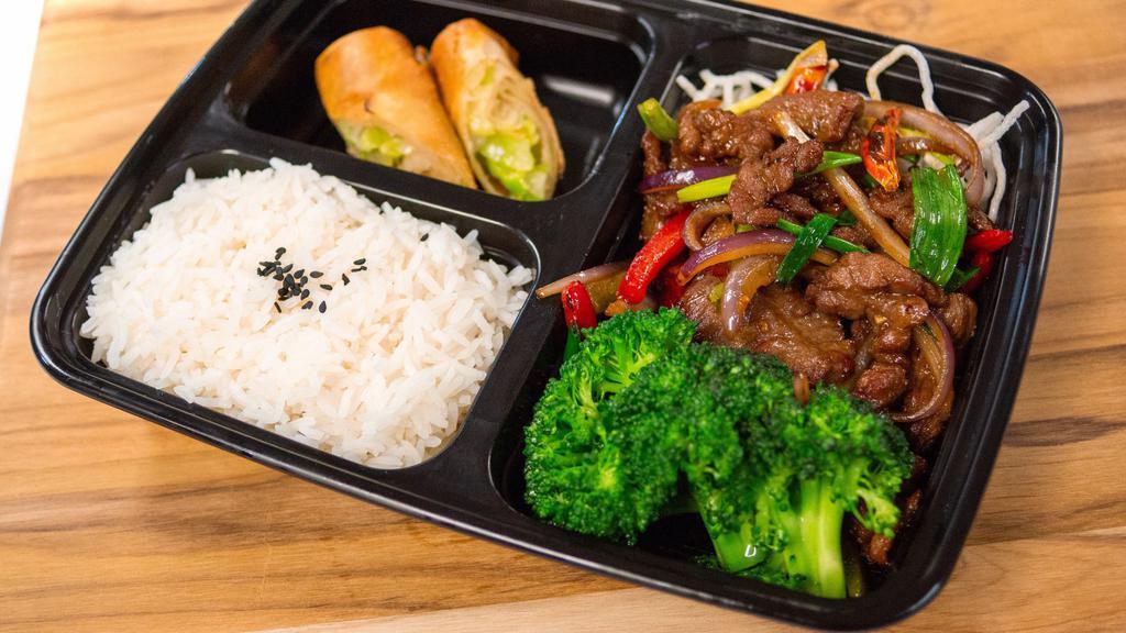 Mongolian Beef Combo · with White Rice and Vegetarian Spring Roll