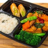 Vegetarian Combo · Braised Tofu with Fresh Mushrooms, with White Rice and Vegetarian Spring Roll