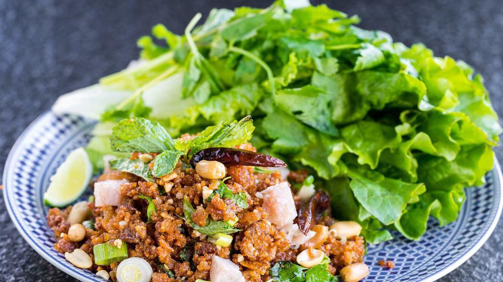 Vegetarian Kao Nam Tod · Rice ball salad. Vegetarian with tofu.