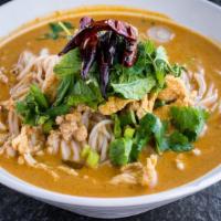 Ka Poon (Gluten-Free) · Mildly spiced. Traditional Lao noodle soup in curry flavored coconut broth, chicken breast, ...