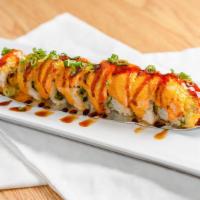 Lion King Roll · Crab, cucumber, avocado, baked salmon, spicy mayo, unagi sauce, green onion and fish eggs.