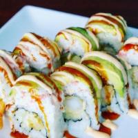 Shrimp Lover Roll · Shrimp, cucumber, crab, and avocado with unagi sauce and spicy mayo.