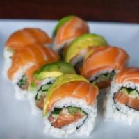 Omega Roll · Raw. Salmon and cucumber, topped with salmon and avocado.
