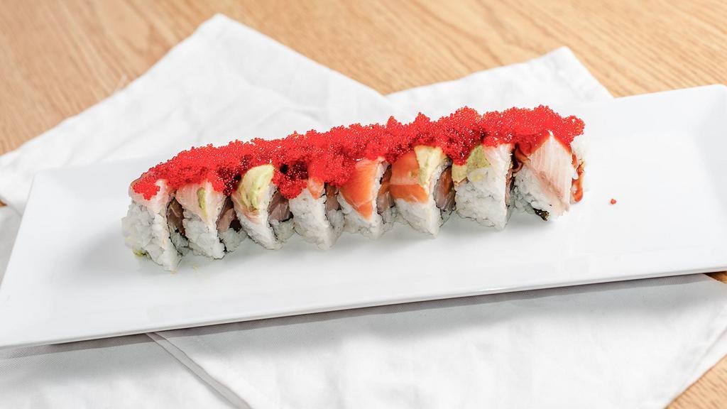 Hamachi Lover Roll · Raw. Hamachi, avocado, salmon, seared hamachi, seared salmon, tobiko, and unagi sauce.