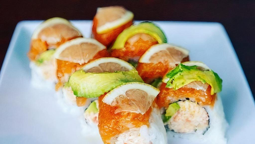 KAI ROLL · Raw. Spicy crab and avocado topped with spicy salmon, avocado and lemon.