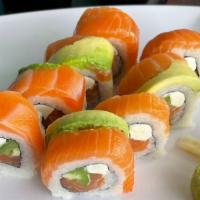 COWBOY ROLL · Raw. IN: salmon, jalapeño and cream cheese 
TOP: salmon and avocado