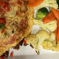 Mushroom Omelet · Four egged omelet filled with spiced sauteed mushroom  , onion, chili , ginger. Served with ...