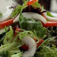 Green Salad · Organic fresh mix green, cucumber, Roma tomatoes, red onions with red wine vinegar.