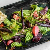 Root Vegetable Salad (GF,Vegan) · Spring mix, beets, carrots, onions, pumpkin seeds, balsamic vinaigrette.