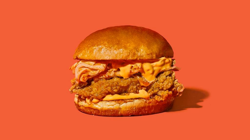 Kimchi · Our signature fried chicken served on a toasted bun and topped with kimchi and spicy mayonnaise.