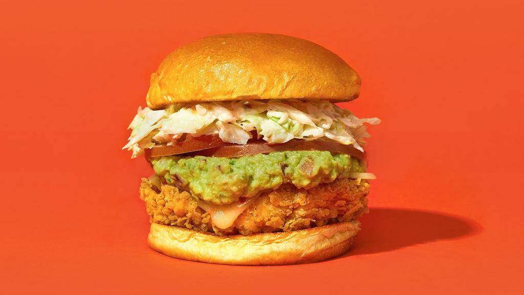 Southwestern · Our signature fried chicken served on a toasted bun and topped with pepper jack cheese, shredded slaw, tomato, guacamole, and mayonnaise.