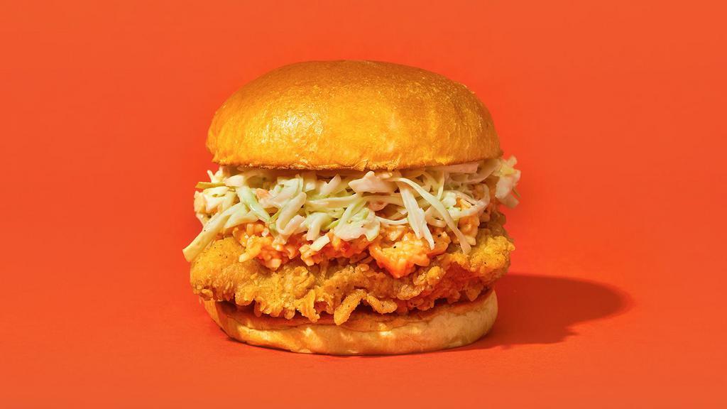Southern Flavor · Our signature fried chicken served on a toasted bun and topped with pepper jack cheese, coleslaw, and mayonnaise.