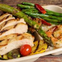 8. Grilled Chicken Breast Plate · Fresh-grilled chicken breast over seasonal grilled vegetables with stir-fried green beans an...