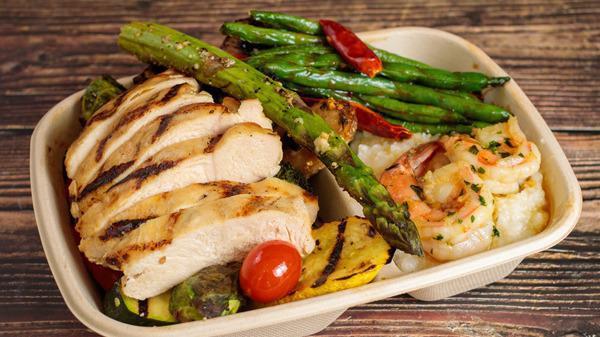 8. Grilled Chicken Breast Plate · Fresh-grilled chicken breast over seasonal grilled vegetables with stir-fried green beans and tomato salsa.