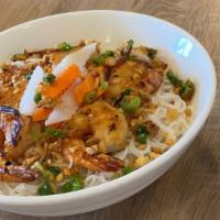 Bún Tôm Nướng · Grilled shrimp over vermicelli and vegetables.