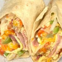 Breakfast Burrito  · Egg, bell pepper, tomato, onion, cheese and your choice of sausage, bacon, or ham.