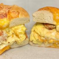 Egg on a Bagel with Sausage & Cheese · Sausage, egg and cheese omelet on your choice of bagel.