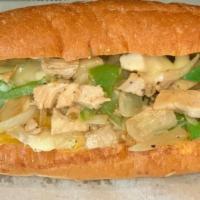 Real Chicken Cheesesteak · Two kinds of cheeses, with roasted peppers and onions.