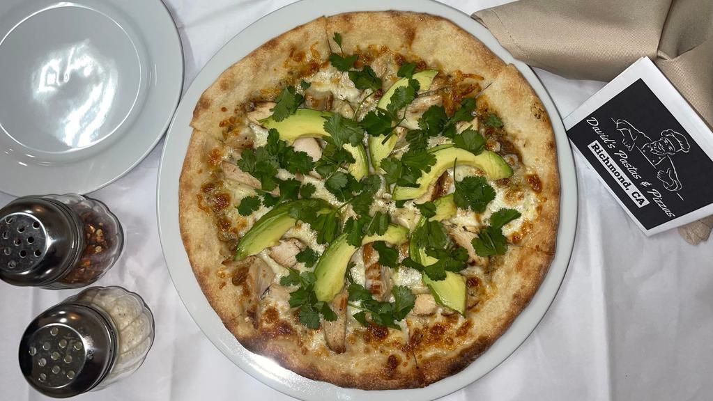 Tequila Pizza · Salsa verde, mozzarella, chicken and avocado & cilantro
