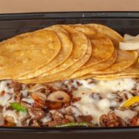 Alambre · Choice of Meat, Bell Peppers, Mushroom, Bacon, topped with cheese. Comes with 5 double torti...