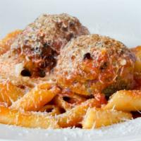 Sugo with Meatballs · Our classic onion based tomato sauce with your favorite pasta. served with two large 100% be...