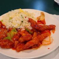 Sweet And Sour Chicken · A Order of Sweet and Sour Chicken served with a side of Crispy Wonton Skin, Eggroll, and you...
