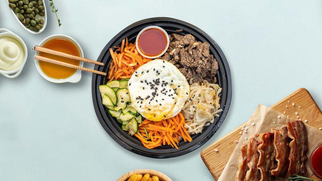 Babbling Bibimbab · Meat and assorted vegetable with fried egg over rice choice of beef, pork or chicken.