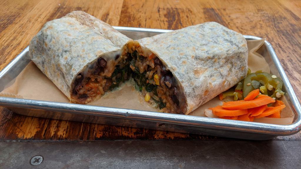 SAUTEED MUSHROOM & SPINACH BURRITO · Sauteed mushroom and spinach, rajas, black beans, red rice, cheese, crema, salsa verde, onion, cilantro. *Mushrooms, spinach and rajas cannot be separated