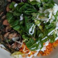 SAUTEED MUSHROOM & SPINACH BOWL · Sauteed mushroom and spinach, rajas, black beans, red rice, cheese, crema, little gem lettuc...