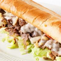 Philly Cheese Steak Sandwich · Delicious sandwich made with shredded Beef Steak Strips, Swiss cheese, and sautéed vegetable...