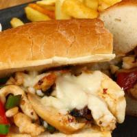 Chicken Philly Cheese Steak Sandwich · Delicious sandwich made with shredded Chicken Strips, Swiss cheese, and sautéed vegetables. ...