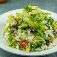 Greek Salad · Gluten-free, vegetarian. Butter lettuce, romaine, aged feta, grape tomatoes, green bell pepp...