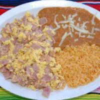 Ham and Eggs Plate · Ham and egg with re-fried beans, rice, cheese and tortillas.