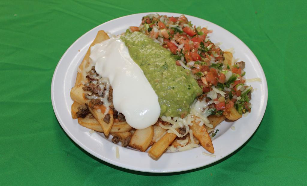 Nacho Fries · French fries topped with refried beans, choice of meat, cheese, sour cream, guacamole and pico de gallo salsa
