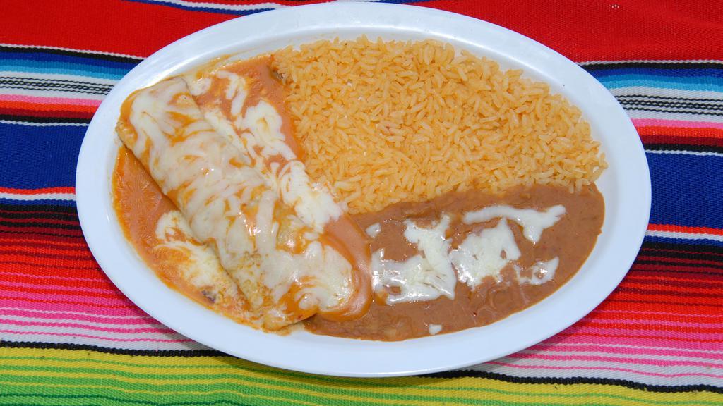 Taco or Enchilada Plate · Includes one taco or enchilada with rice, re-fried beans and cheese.