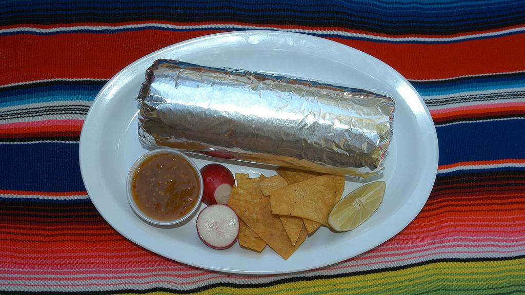 Regular Burrito · Includes rice, whole pinto beans, choice of meat and pico de gallo salsa