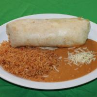 Señor Burrito · Rice and refried beans on the side. Choice of meat, sour cream, cheese, guacamole and salsa ...