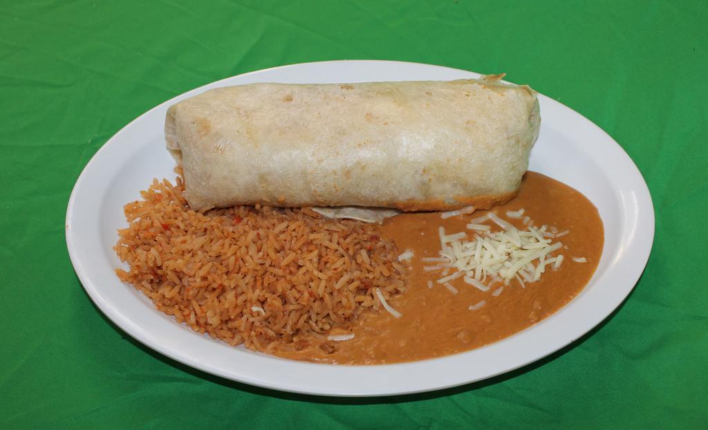 Señor Burrito · Rice and refried beans on the side. Choice of meat, sour cream, cheese, guacamole and salsa rolled in a flour tortilla.